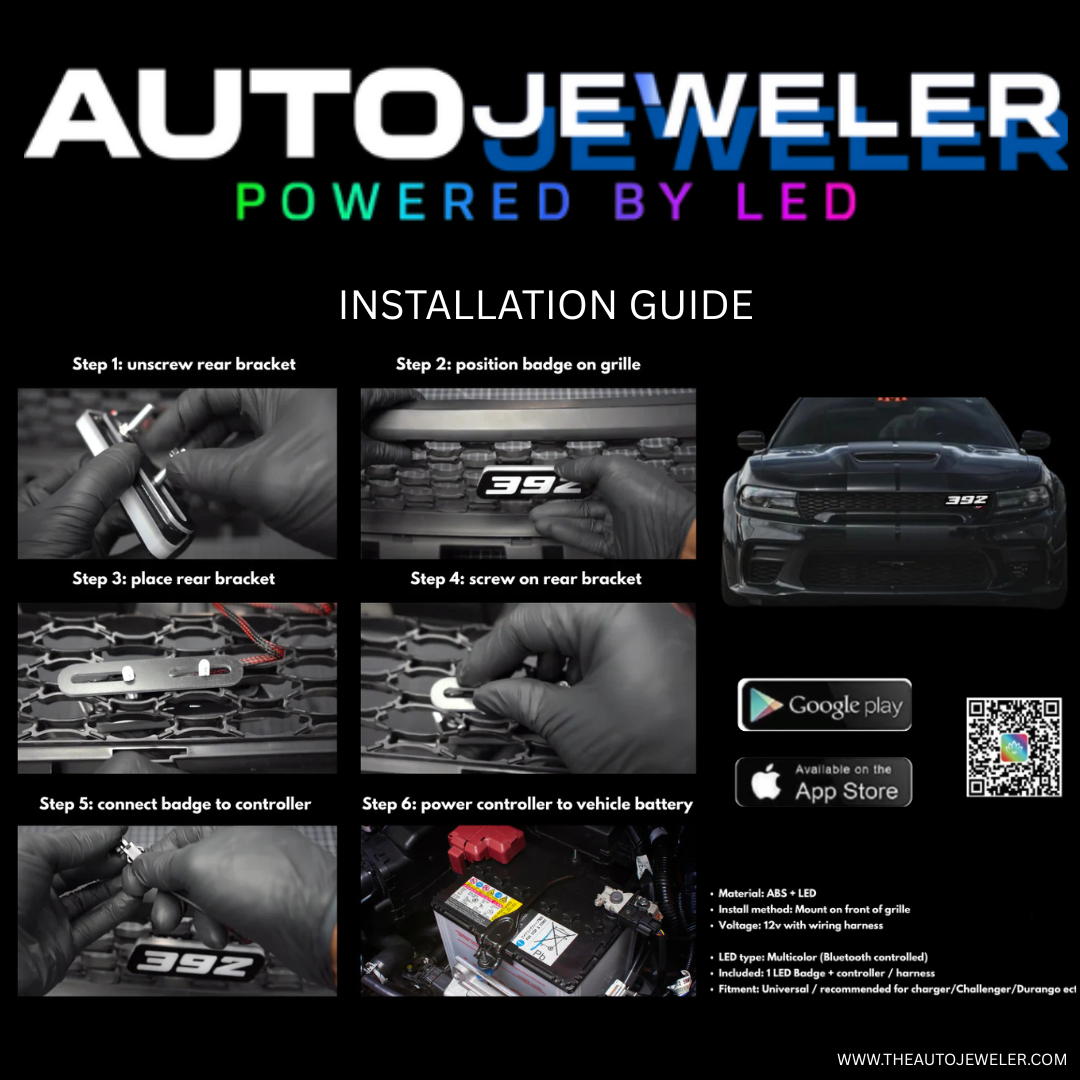 Installation guide for a SRT 392 LED grille  emblem by AutoJeweler with step-by-step instructions and app information.