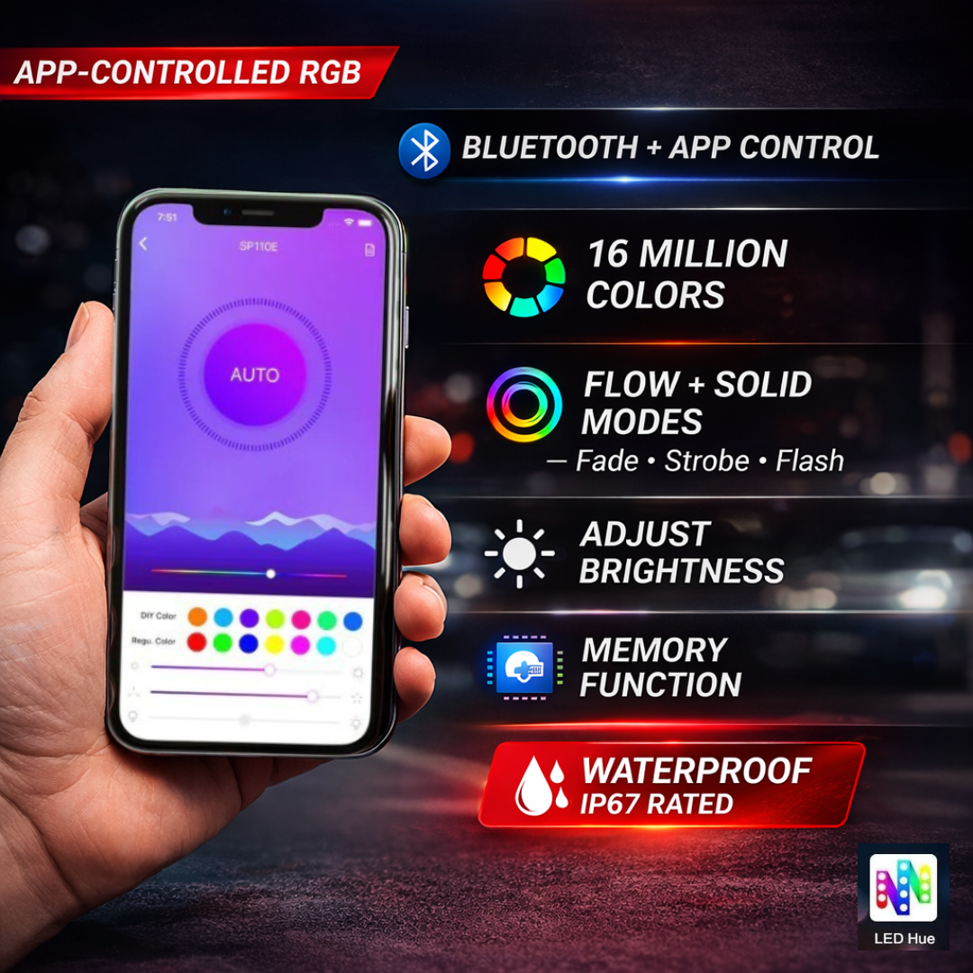 392 RGB LED emblem Bluetooth app control 16 million colors flow modes brightness AutoJeweler