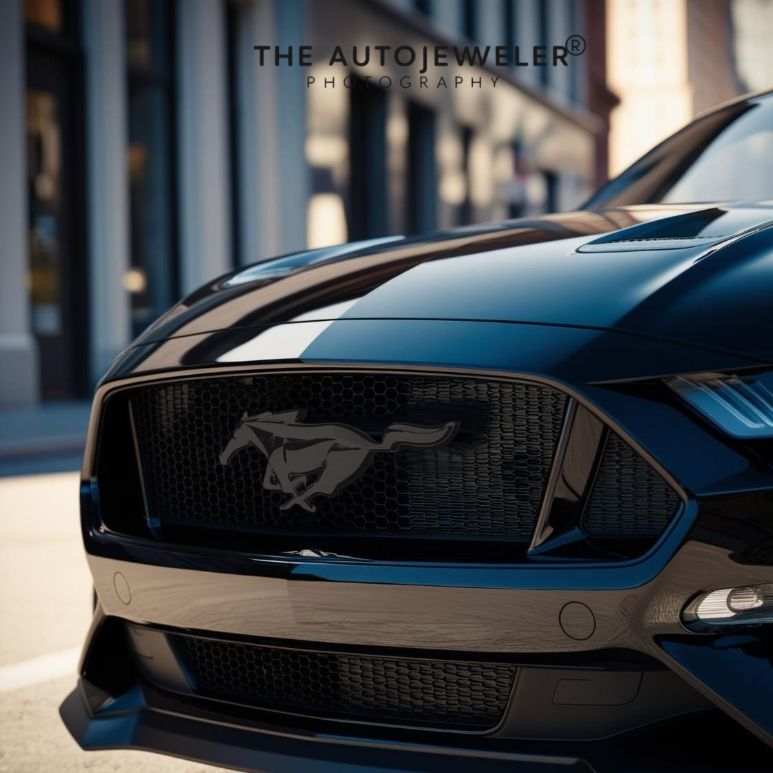 Close-up of black Ford Mustang front grille with illuminated white Pony emblem – AutoJeweler photography