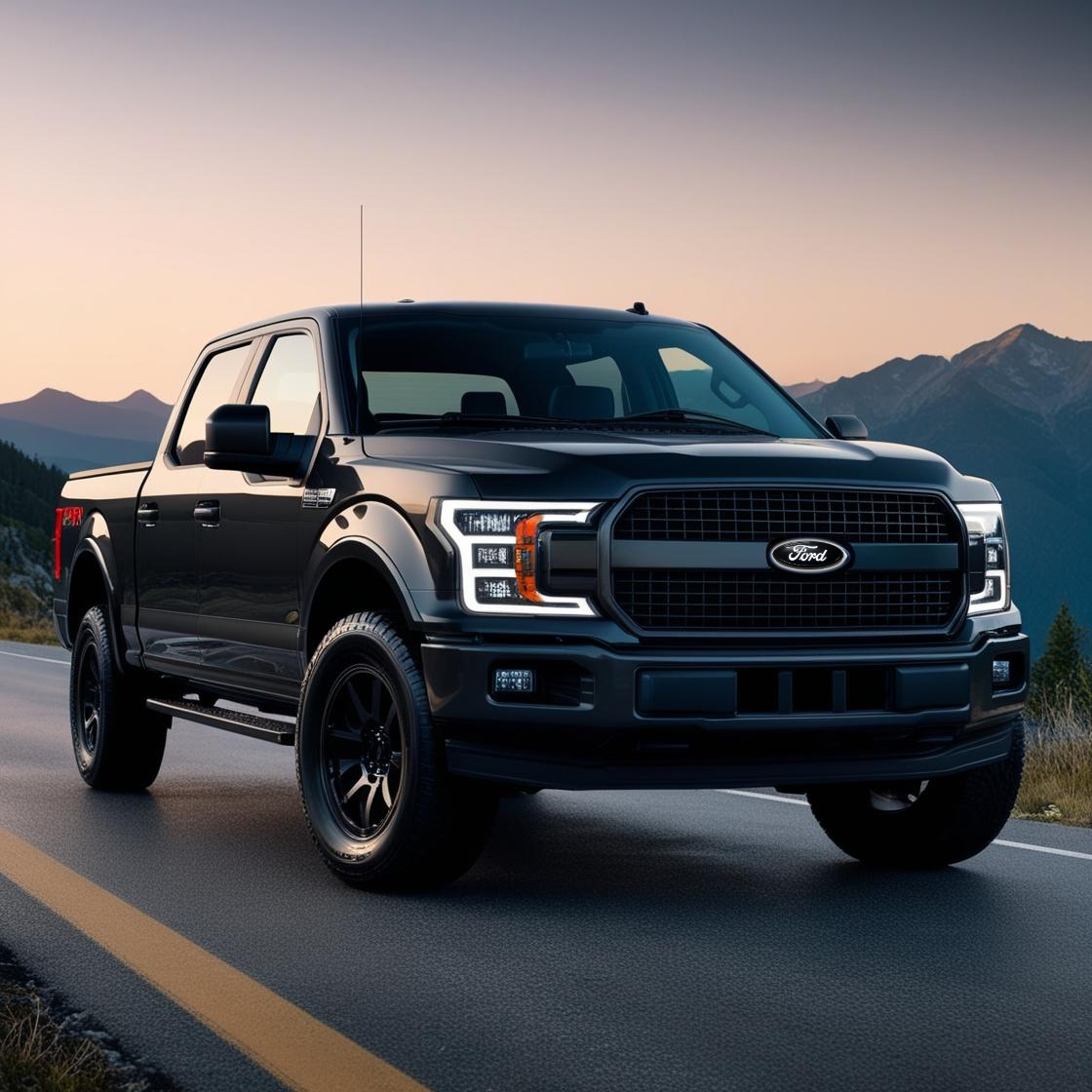 Black Ford truck with  a 9" blacked out LED ford grille emblem glowing white on a road with mountains in the background
