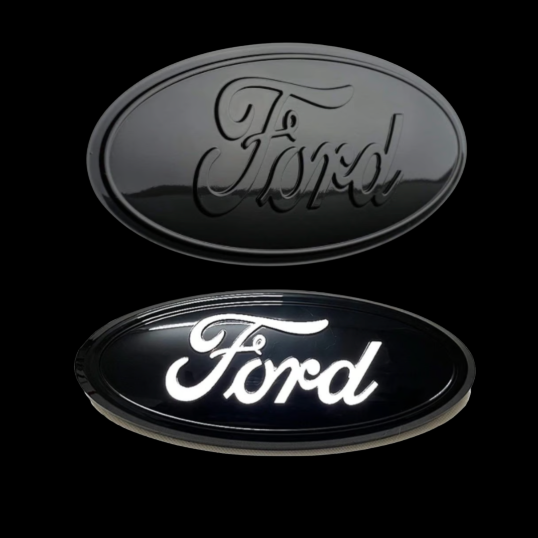 AutoJeweler 9" black Ford LED grille emblem with power off vs power on comparison