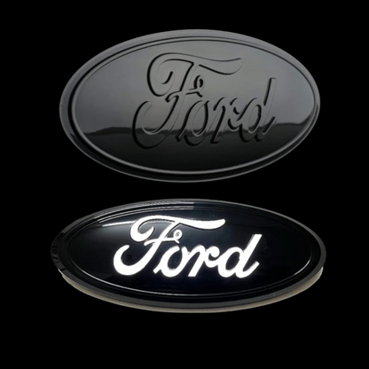 AutoJeweler 9" black Ford LED grille emblem with power off vs power on comparison