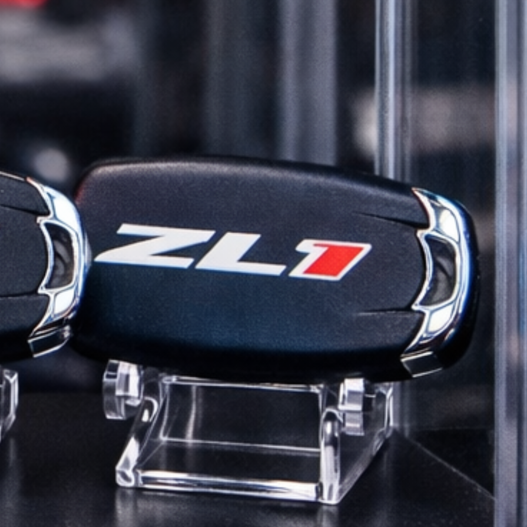 Camaro ZL1 smart key shell close up matte black chrome trim key fob cover
