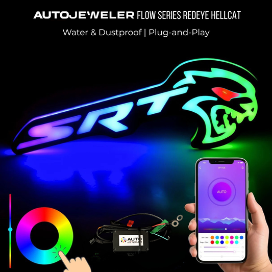 Flow Series Hellcat Redeye-style RGB LED grille emblem with Bluetooth app control shown with color wheel and controller module