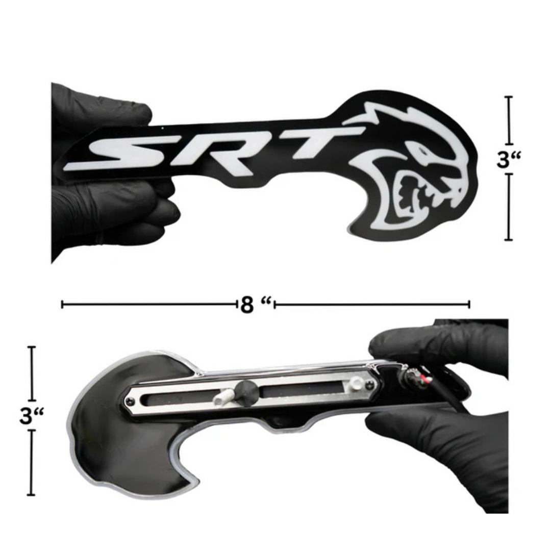 Flow Series Hellcat Redeye-style LED grille emblem dimensions showing 8 inch width and 3 inch height with mounting bracket system