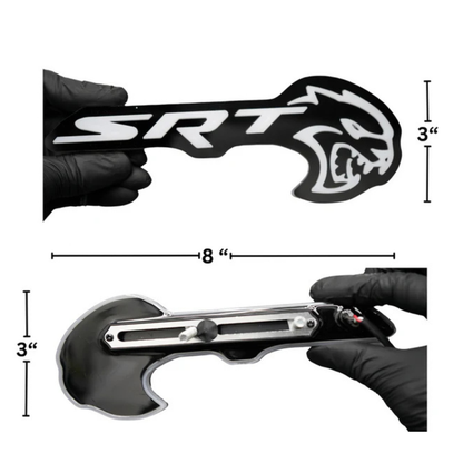 Flow Series Hellcat Redeye-style LED grille emblem dimensions showing 8 inch width and 3 inch height with mounting bracket system