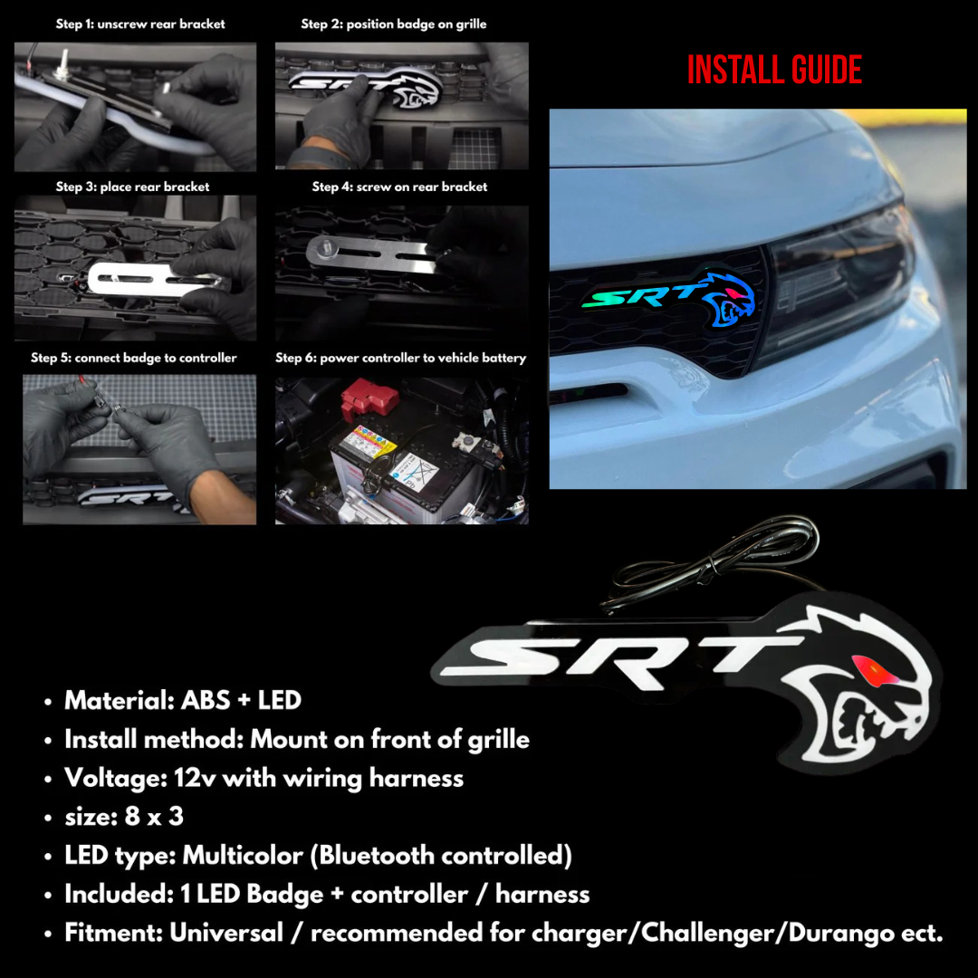 Flow Series Hellcat Redeye-style LED grille emblem install guide collage with installed photo and product specifications