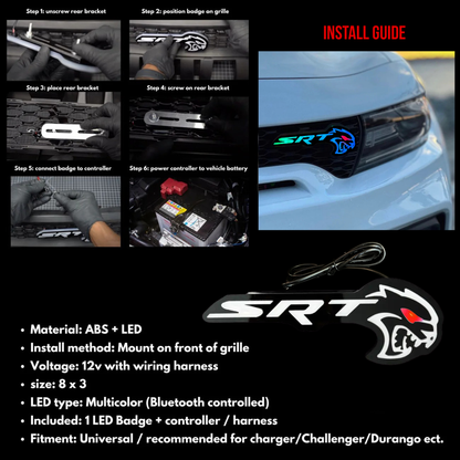 Flow Series Hellcat Redeye-style LED grille emblem install guide collage with installed photo and product specifications