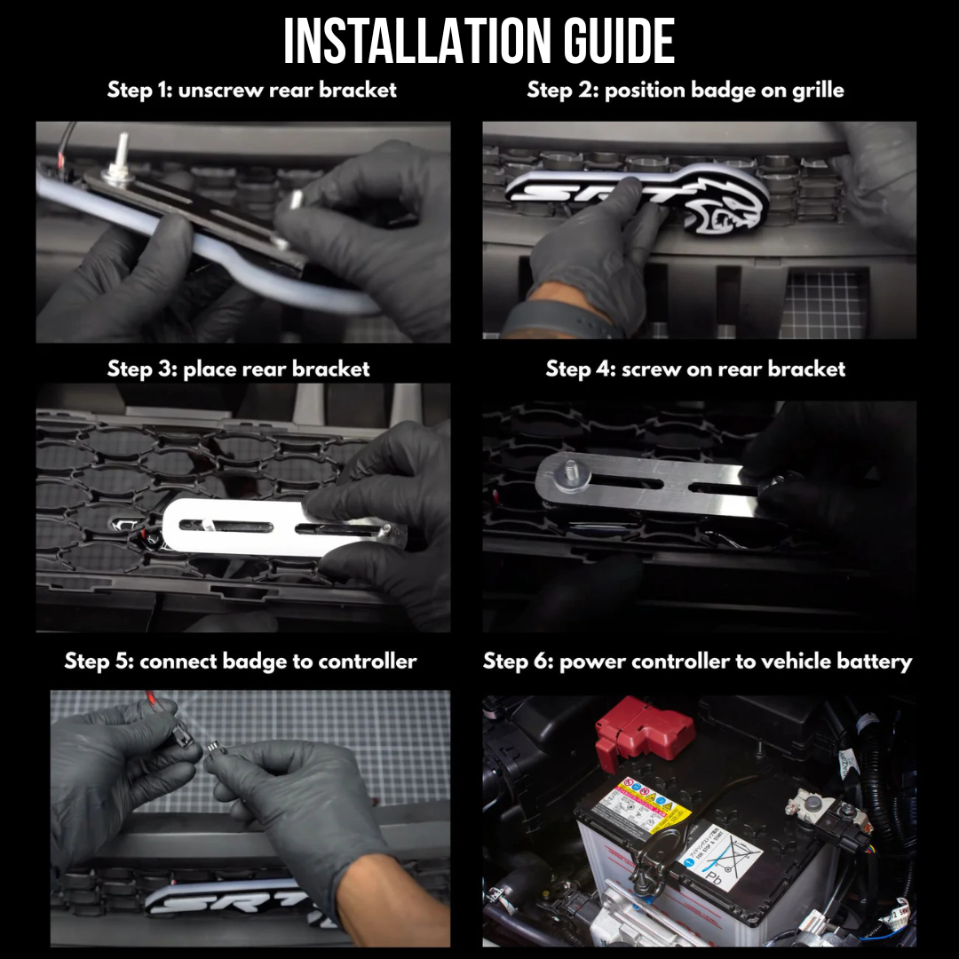 Installation guide for Flow Series Hellcat Redeye-style LED grille emblem showing six step mounting and wiring process