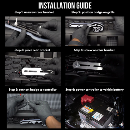 Installation guide for Flow Series Hellcat Redeye-style LED grille emblem showing six step mounting and wiring process