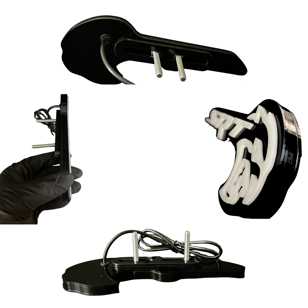 Rear mounting hardware views of Flow Series Hellcat Redeye-style LED grille emblem showing bracket slots, studs, and wiring exit