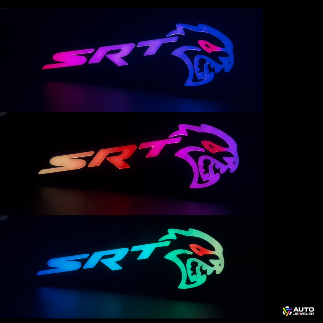 Flow Series RGB LED Hellcat Redeye-style grille emblem showing three multicolor lighting modes