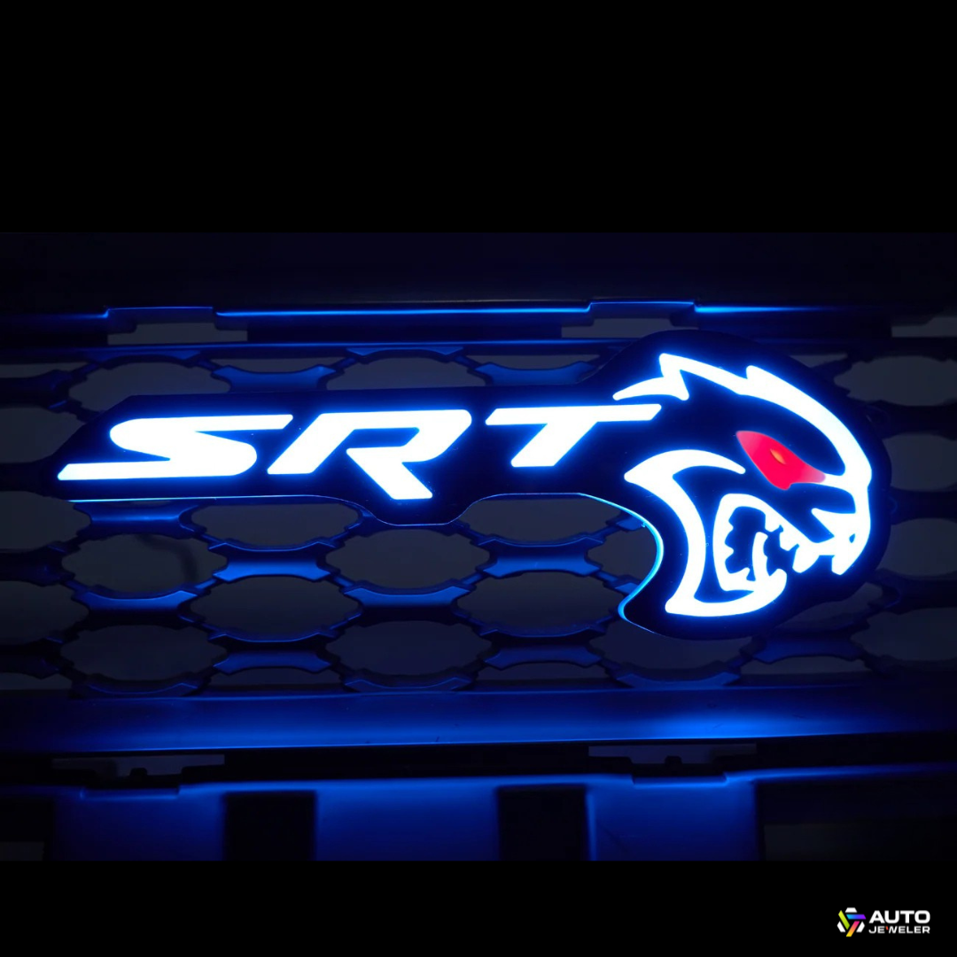 Flow Series RGB LED Hellcat Redeye-style grille emblem showing blue lighting mode on mesh grille