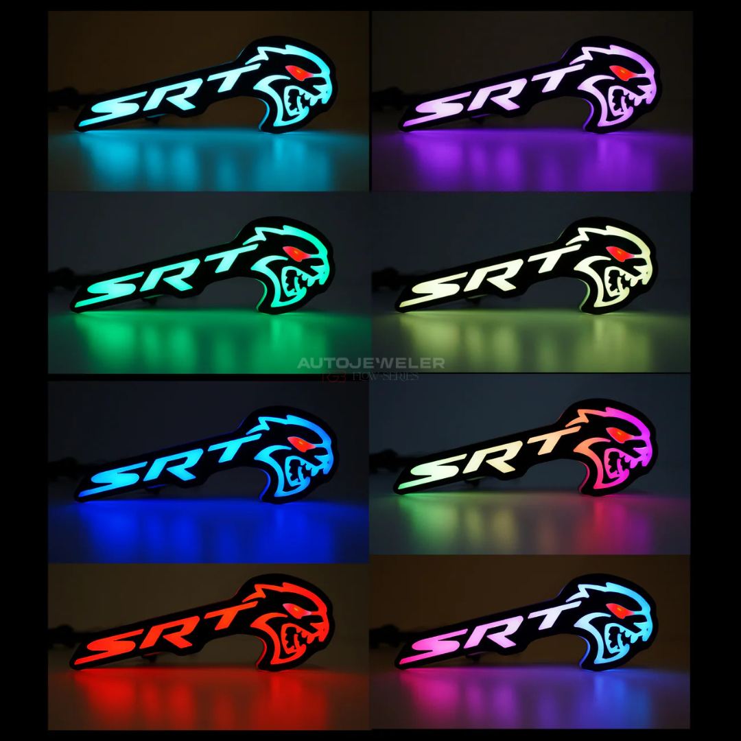 Flow Series RGB LED Hellcat Redeye-style grille emblem showing multiple color options and lighting modes