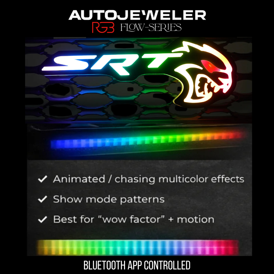 AutoJeweler Flow Series RGB LED Hellcat Redeye-style grille emblem showing animated color-chasing effects and Bluetooth app control