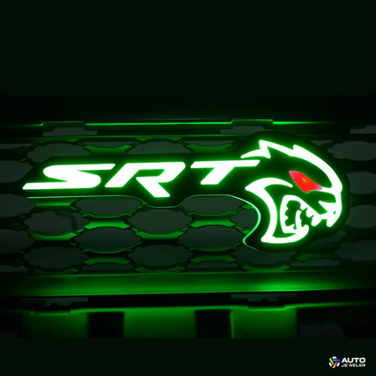 Flow Series RGB LED Hellcat Redeye-style grille emblem showing green lighting mode on mesh grille