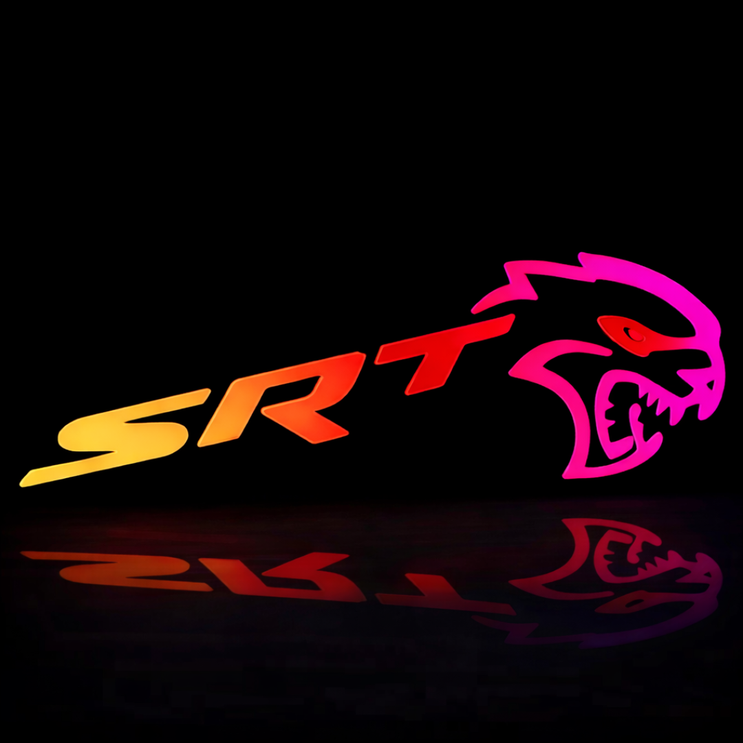 Flow Series RGB LED Hellcat Redeye-style grille emblem hero image on black background with reflection