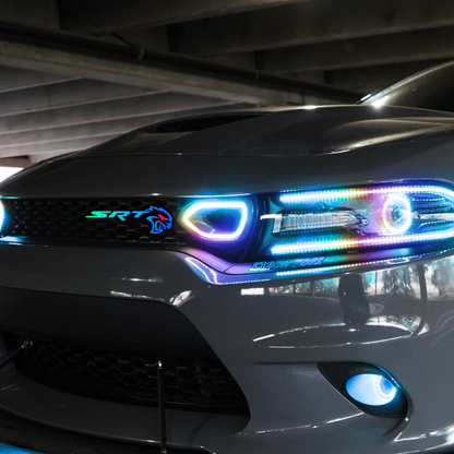 Flow Series RGB LED Hellcat Redeye-style grille emblem installed on front grille showing multicolor lighting