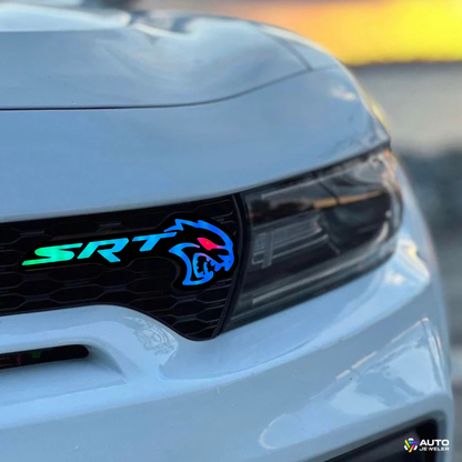 Flow Series RGB LED Hellcat Redeye-style grille emblem installed on front grille showing multicolor lighting