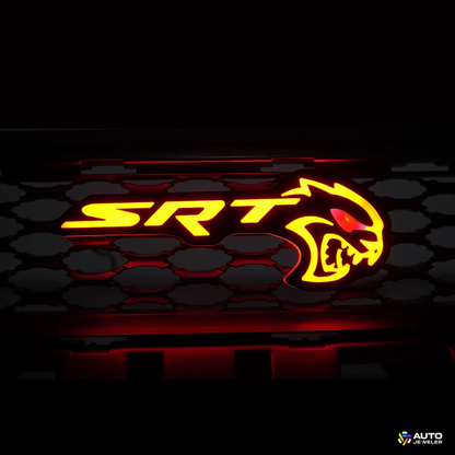 Flow Series RGB LED Hellcat Redeye-style grille emblem showing red and amber lighting mode on mesh grille