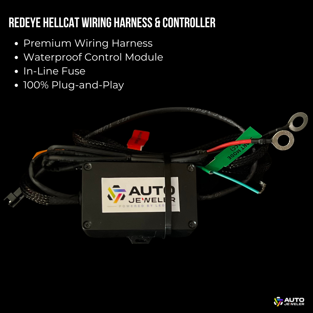 AutoJeweler premium wiring harness and waterproof Bluetooth controller for Flow Series Hellcat Redeye-style LED grille emblem with inline fuse