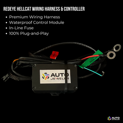 AutoJeweler premium wiring harness and waterproof Bluetooth controller for Flow Series Hellcat Redeye-style LED grille emblem with inline fuse