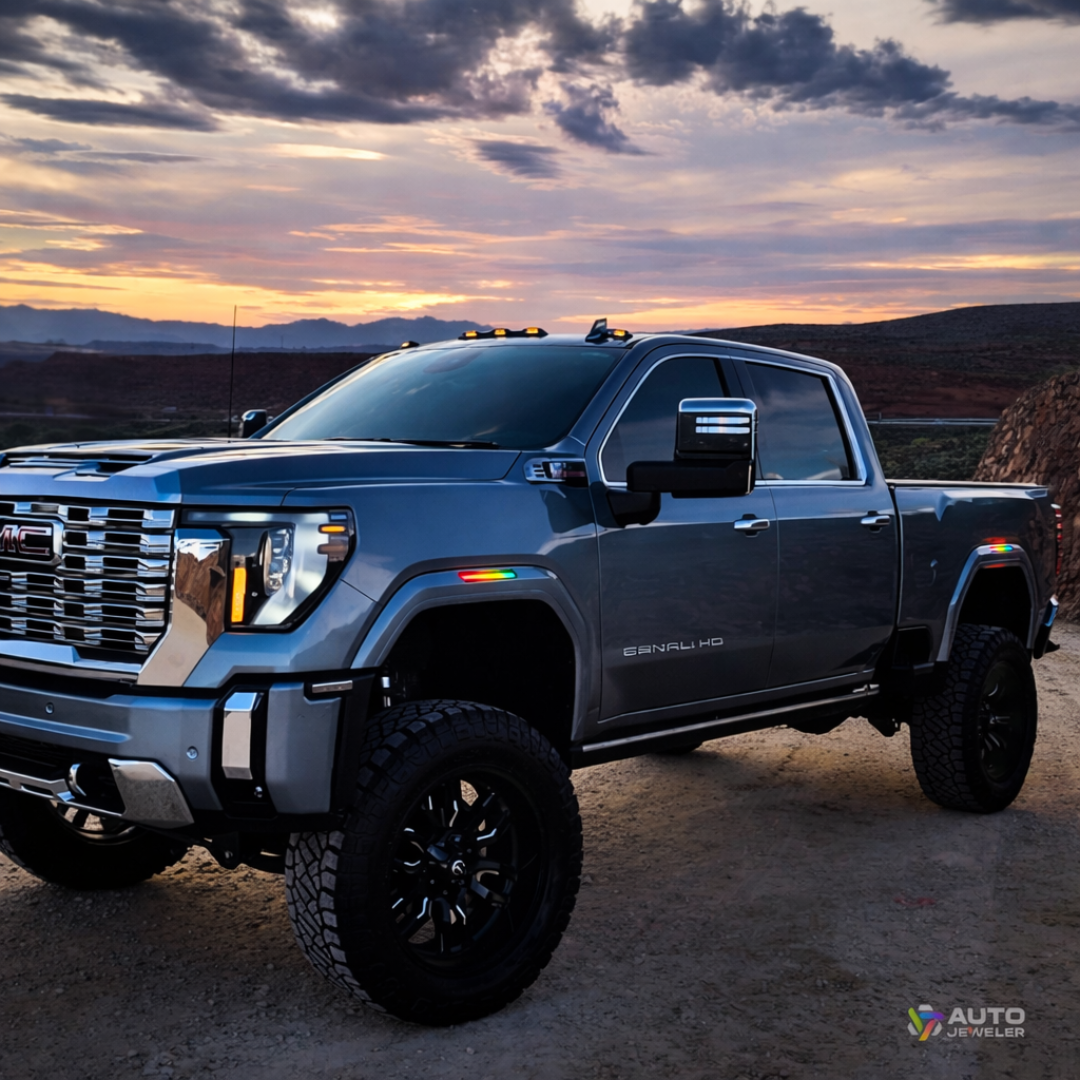 GMC Sierra 2500HD truck with AutoJeweler RGB LED side marker lights installed on front and rear fenders