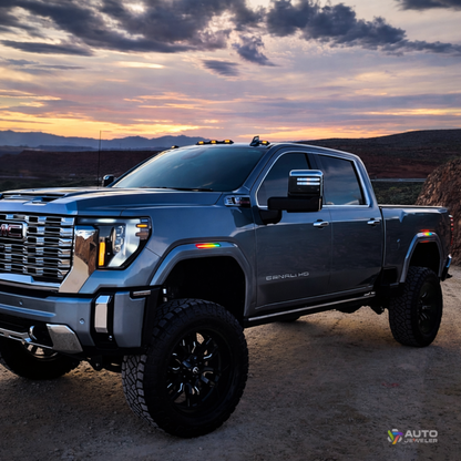 GMC Sierra 2500HD truck with AutoJeweler RGB LED side marker lights installed on front and rear fenders
