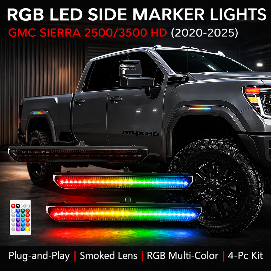 RGB LED side marker lights for GMC Sierra 2500HD 3500HD 2020 to 2025 smoked lens multi color LED lighting kit