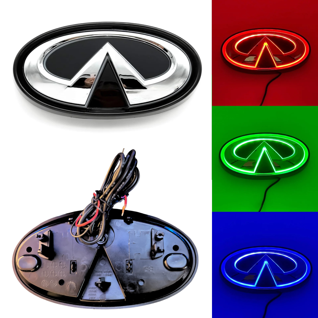 Infiniti Q50 RGB LED emblem showing red green and blue lighting with wiring and rear housing