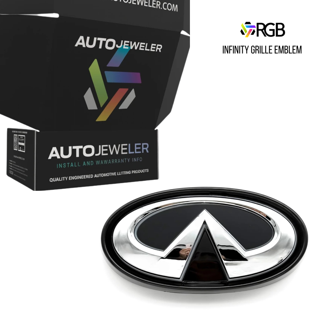 AutoJeweler Infiniti Q50 RGB grille emblem with branded packaging