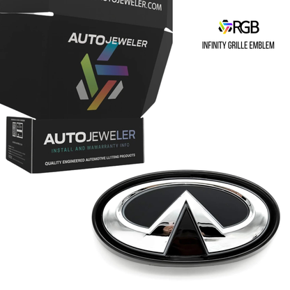 AutoJeweler Infiniti Q50 RGB grille emblem with branded packaging