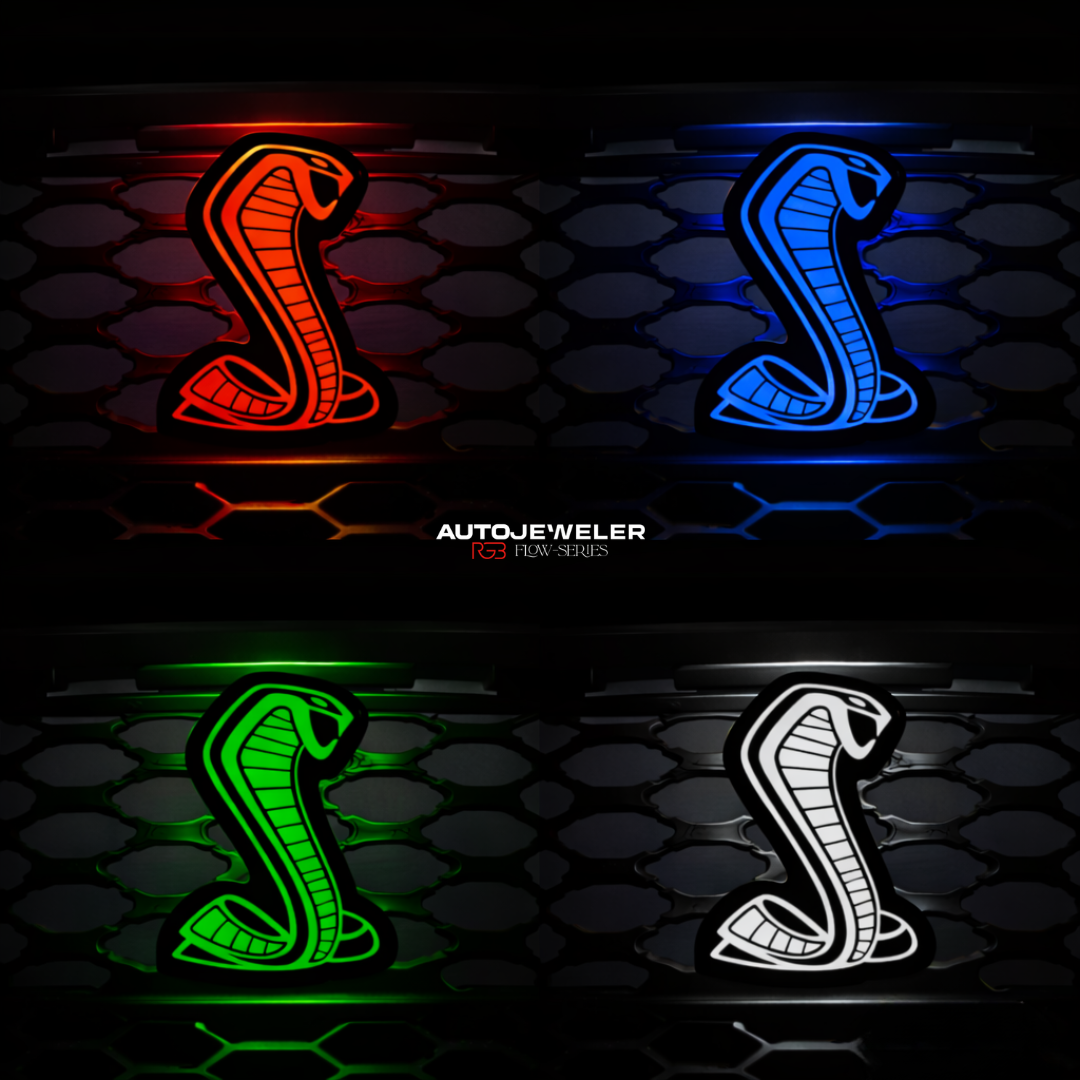 AutoJeweler Flow Series RGBW LED Cobra grille emblem displaying red blue green and white color lighting modes for Ford Mustang