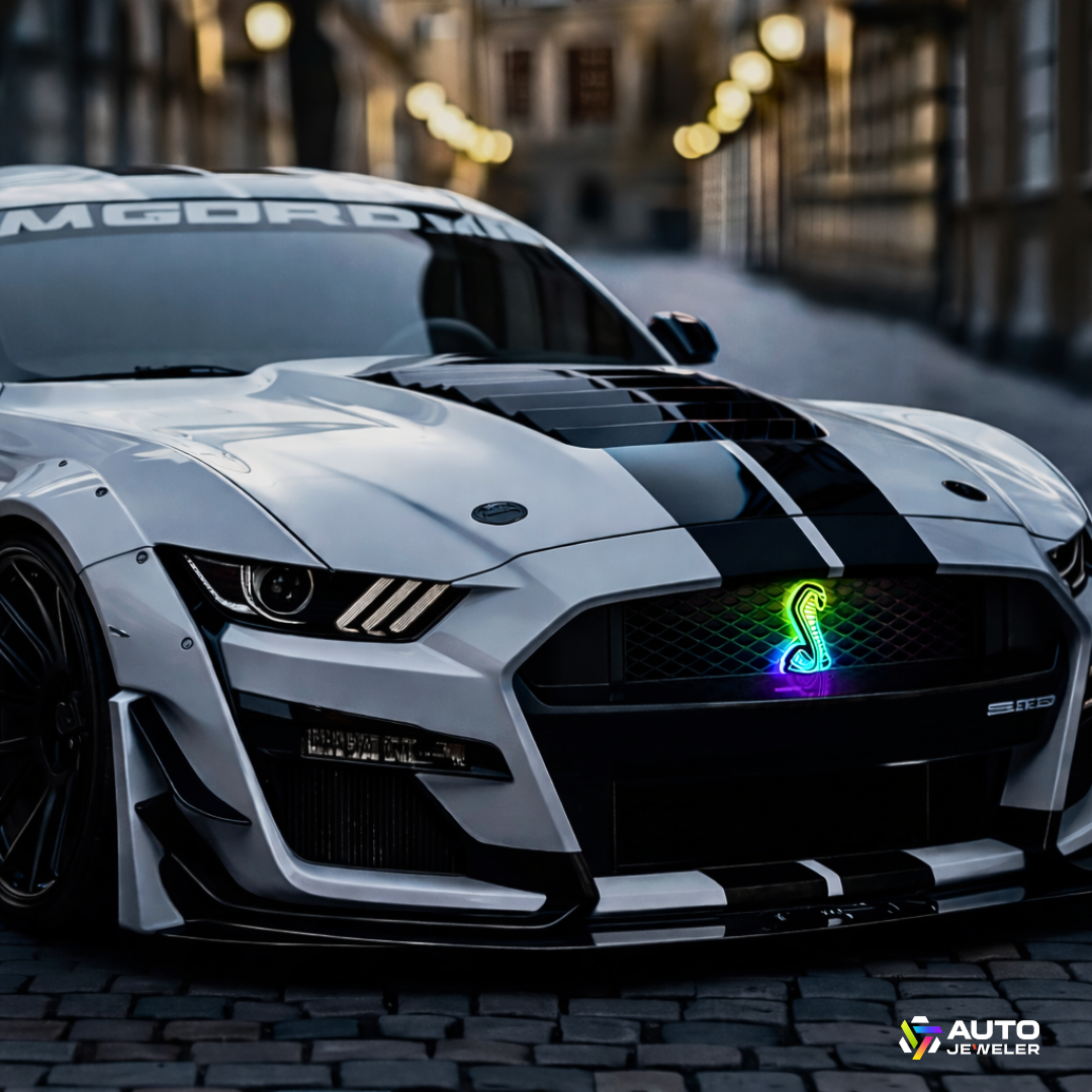 AutoJeweler Flow Series RGBW LED Cobra grille emblem installed on Ford Mustang showing dynamic multicolor lighting effect
