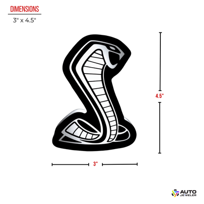 AutoJeweler Flow Series Cobra LED Light-Up Grille Emblem dimensions diagram showing 3 inch width and 4.5 inch height
