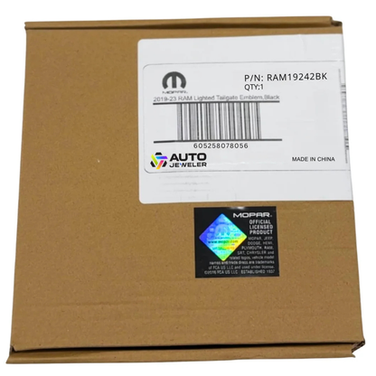 Retail box for RAM Black Edition lighted tailgate emblem with Mopar licensed label, barcode, and AutoJeweler logo