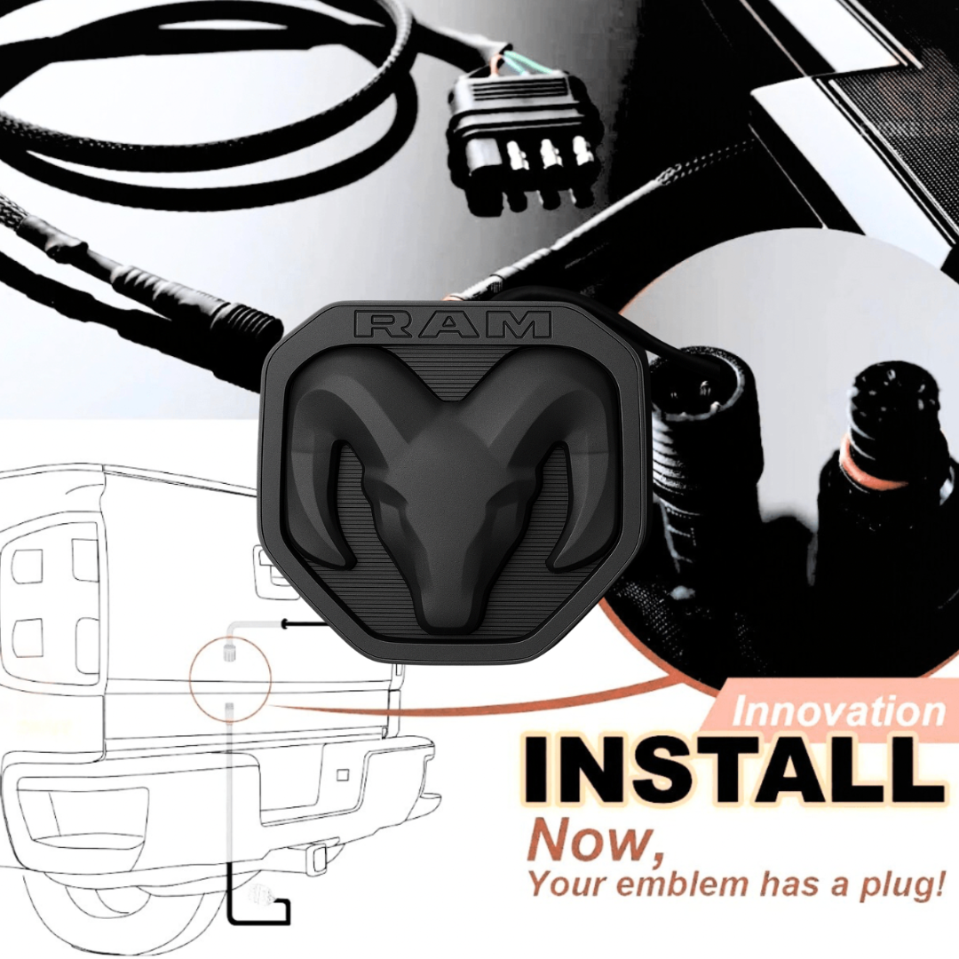 Installation overview graphic for RAM lighted tailgate emblem with 4-flat trailer plug and wiring diagram