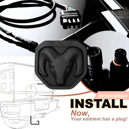 Installation overview graphic for RAM lighted tailgate emblem with 4-flat trailer plug and wiring diagram