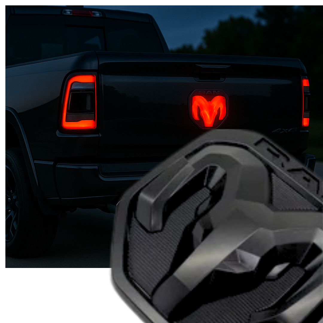 Composite image showing RAM LED tailgate emblem glowing red at dusk with large foreground emblem overlay