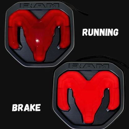 Comparison image of RAM LED emblem running vs brake brightness levels with labeled text