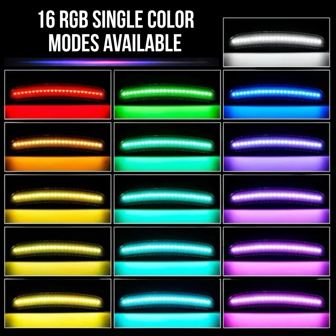 RGB LED side marker lights showing 16 color modes including red green blue purple yellow and other customizable lighting options