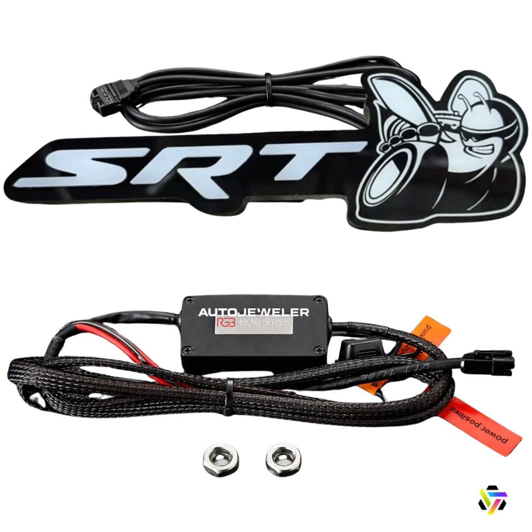 AutoJeweler SRT LED badge Flow Series RGB emblem with wiring harness and controller kit on white background