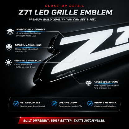 AutoJeweler Z71 LED grille emblem close-up showing white illumination, glossy black ABS housing, and premium acrylic face for OEM-style fit and finish