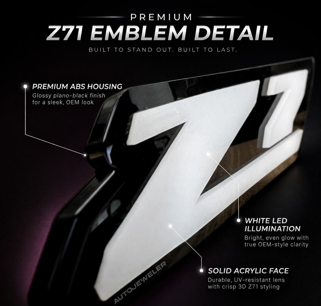 AutoJeweler Z71 LED grille emblem close-up showing white illumination, glossy black ABS housing, and premium acrylic face for OEM-style fit and finish