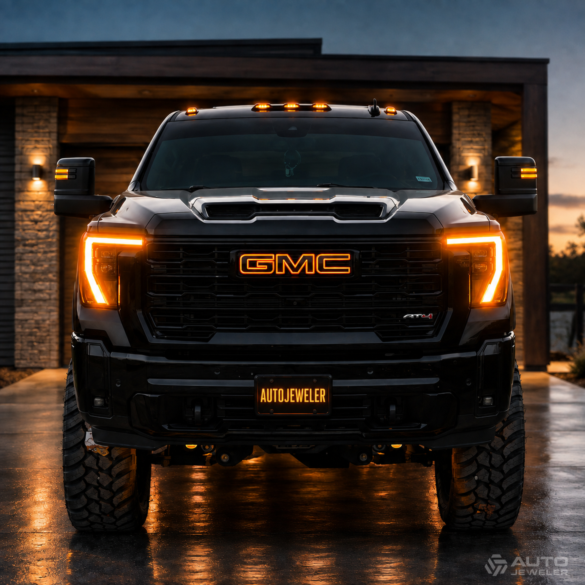 A black GMC pickup truck photographed head-on in a driveway at dusk, with its amber headlights and side marker lights turned on. The truck grille prominently shows the amber illuminated GMC logo, and an AUTOJEWELER LED license plate with an amber glow is mounted on the front lower bumper glowing .