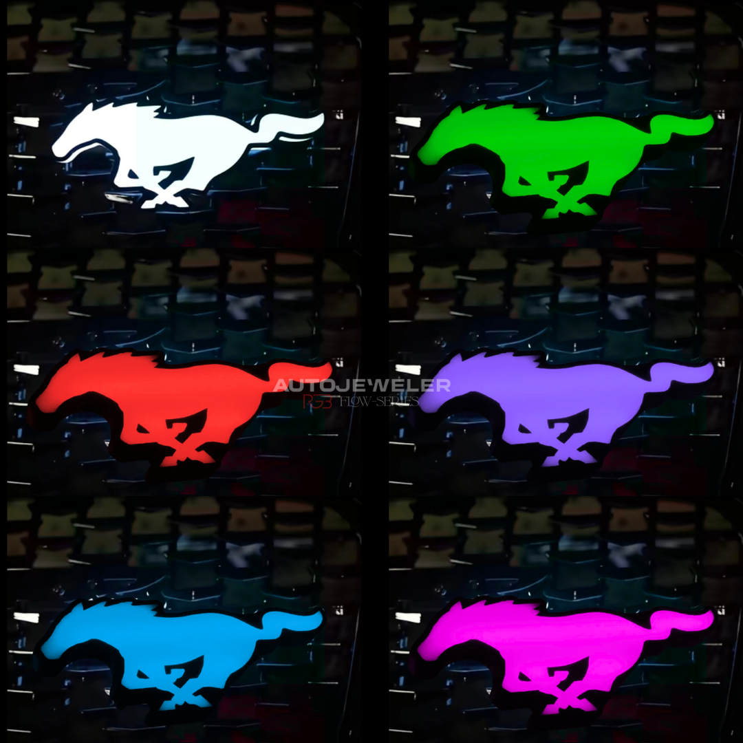 Mustang Pony RGBW Flow-Series LED emblem showing multiple color modes