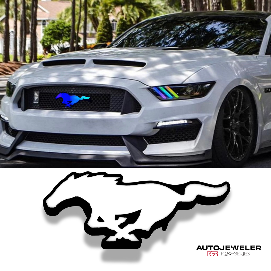 Mustang Pony RGBW Flow-Series LED grille emblem installed on white Ford Mustang