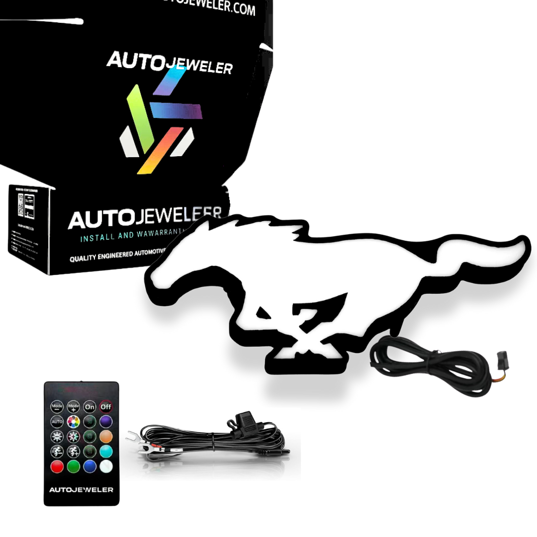 AutoJeweler Mustang Pony RGBW Flow-Series LED grille emblem with controller, wiring harness, and branded packaging