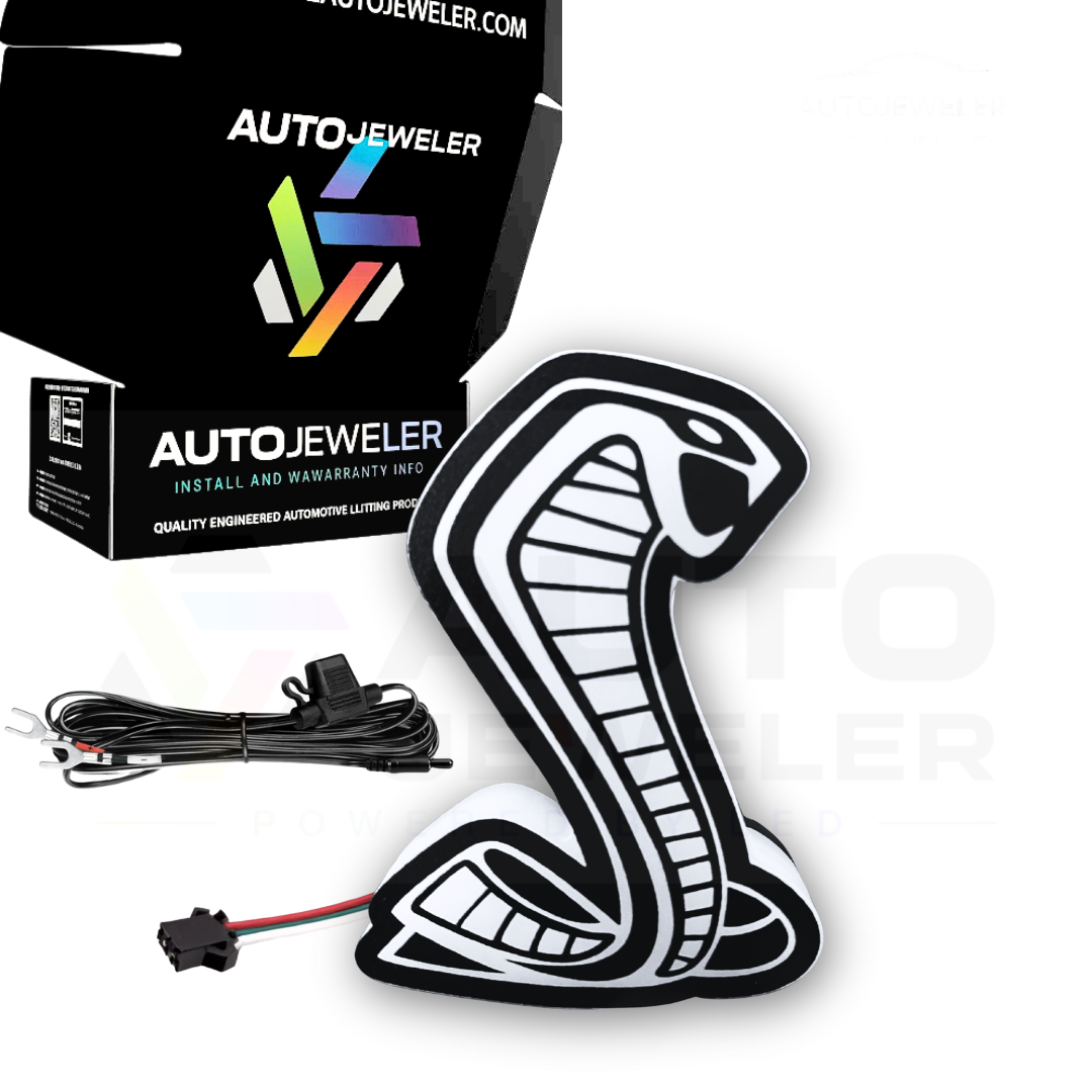 Mustang Cobra RGBW Light-Up Grille Emblem Kit with Bluetooth Controller, Wiring Harness, Installation Hardware, and AutoJeweler Branded Packaging