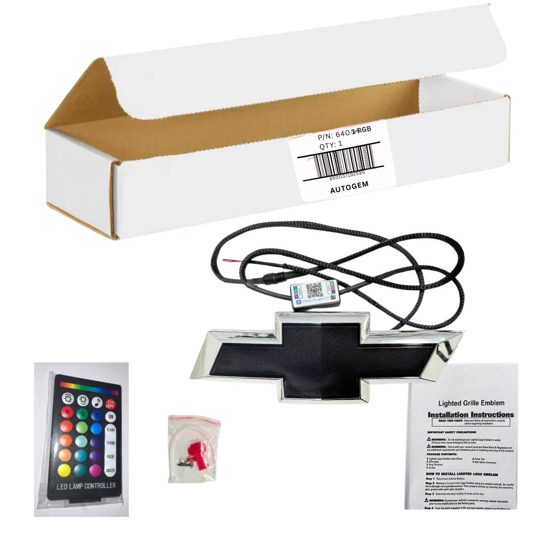 Unboxed Autogem Chevy bowtie RGB grille emblem kit with white packaging, part number 6401-RGB, remote controller, mounting hardware, and installation instructions.
